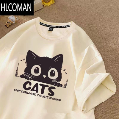 HLCOMAN2024韩版猫咪日系休闲潮版印花宽松半袖体恤衫夏季情侣款短袖