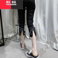 YIBUSHENG七分烟管运动裤子女季薄款2024新款显瘦百搭蝴蝶结开叉休闲裤