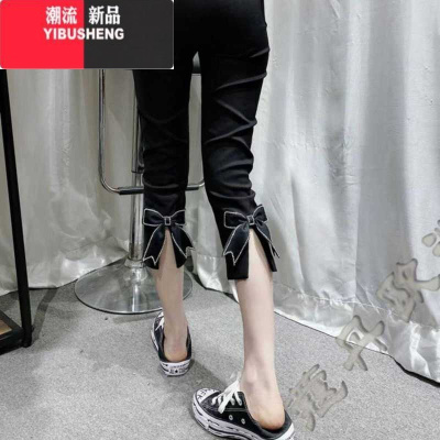 YIBUSHENG七分烟管运动裤子女季薄款2024新款显瘦百搭蝴蝶结开叉休闲裤