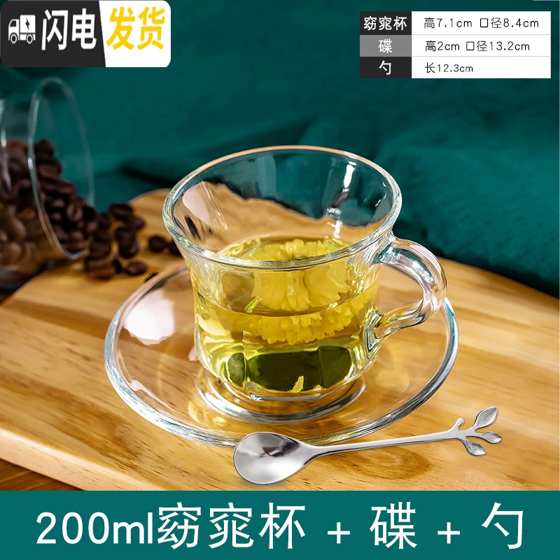 三维工匠欧式下午茶简约小透明玻璃杯碟泡花茶杯咖啡杯带把茶具套装 窈窕杯(杯+碟+勺)咖啡器具