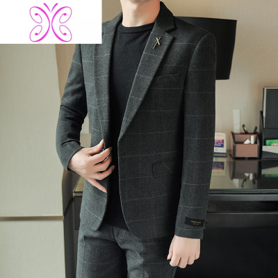 YUANSU毛呢休闲西装男修身商务正装上衣外套韩版潮流小西服帅气冬季套装毛呢大衣
