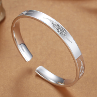 叶子银手镯女足银999开口实心扁条民族风年轻款银镯子送女朋友老婆情人节七夕生日礼物