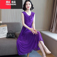 YIBUSHENG无袖褶皱网纱连衣裙女2024新款装收腰显瘦遮肚大码长款气质裙子