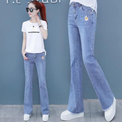 沐沣2021弹力高腰牛仔裤女春秋新kuan韩版百搭显瘦微喇刺绣牛仔裤