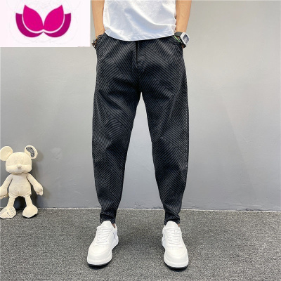 七斓2023男士新款小脚休闲九分裤修身百搭哈伦裤格子束脚裤男卫裤