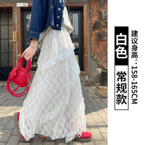 白色不规则半身裙女2026新款春季斜纹拼接蕾丝蛋糕裙高腰a字伞裙