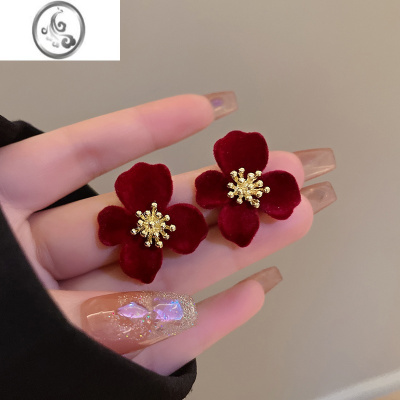 JiMi925银针丝绒花朵耳环高级感轻奢耳钉气质高级大气秋冬红色耳饰女