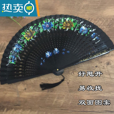 XIANCAI红色扇子双面西班牙舞蹈扇旗袍走秀表演折扇折叠扇古风舞扇广场舞 扇子竹木--黑色镂空有花