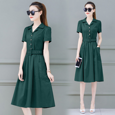 法式a字连衣裙2021年春夏季收腰气质中长款衬衫裙子夏天纤月情