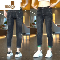 YANXU夏季修身小脚牛仔裤男款潮牌水洗印花休闲裤子男士时尚百搭九分裤