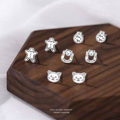 s999足银可爱小熊姜饼人彩灯耳钉日系小清新简约个性迷你耳饰批发送女朋友老婆情人节七夕生日礼物