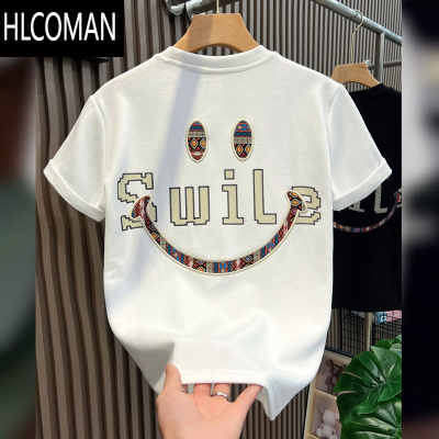HLCOMAN潮牌夏季圆领短袖T恤男小众设计感彩绘笑脸印花ins超火流行半袖衫