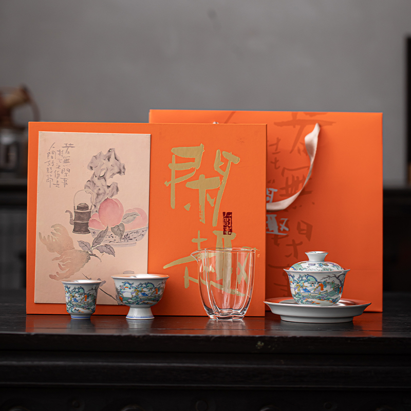苏氏陶瓷(SUSHI CERAMICS)鎏银游园图壶承盖碗小套装郑文强作品功夫茶具套组