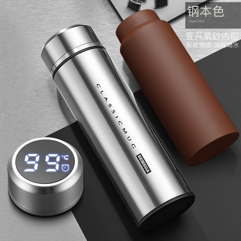 家柏饰(CORATED)紫砂内胆保温杯紫砂杯泡茶杯男士女定制水杯子 钢本色(智能测温提醒喝水)