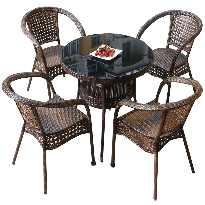 锦北 藤椅阳台桌椅庭院藤编椅子花园茶几藤椅组合 4椅+80双层藤圆桌