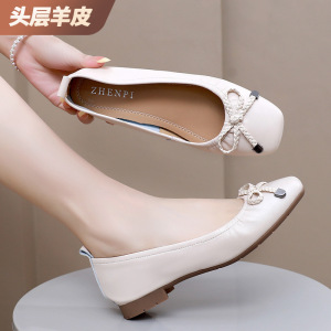 头层牛皮蝴蝶结浅口小单鞋秋季新款真皮粗跟圆头一脚蹬豆豆鞋