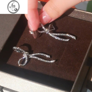 JiMi超闪满钻长款蝴蝶结耳坠小众设计感高级耳环女无耳洞耳夹气质耳饰