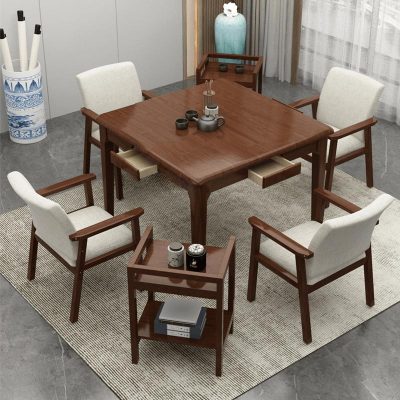 江莱实木四方木桌餐桌一桌四椅 [带抽屉]方桌+4把休闲椅不含茶几 胡桃色 80cm80cm*75cm