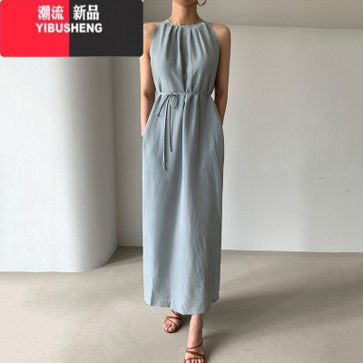 YIBUSHENG韩国chic季简约挂脖压褶露肩小心机系带收腰开叉连衣裙小黑裙女