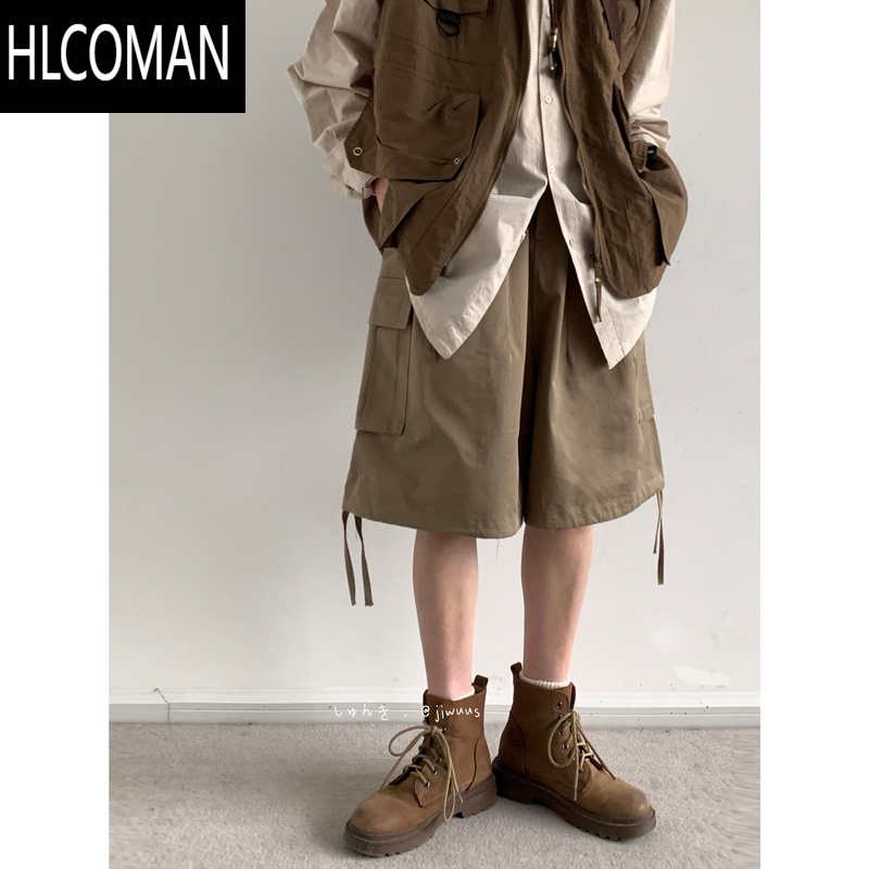 HLCOMAN夏季日系复古基础款卡其色工装短裤男女生休闲百搭直筒宽松五分裤