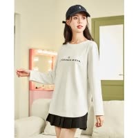 [1.5折价37元]唐狮下摆开叉长袖上衣女秋季新款白色内搭打底衫女圆领T恤xz