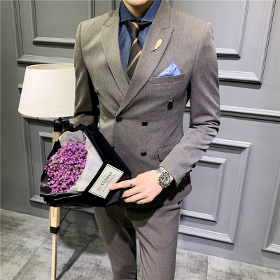 华中铭(HUAZHONGMING)男士西服套装三件套韩版修身帅气英伦风青年商务休闲西装职业正装工作服结婚新郎伴郎礼服