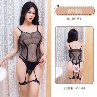 九里晴川双条纹吊带网格透视魅力性感免脱开档透视网衣连体睡衣 九里晴川WY082[连体网衣-开裆] 均码