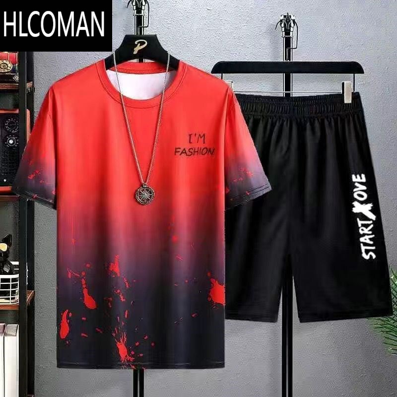 HLCOMAN男士夏季冰丝套装潮牌t恤短袖短裤渐变色休闲运动衣服男装套