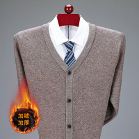 秋冬中年男士保暖加绒加厚外套爸爸装羊毛衫长袖纯色提花加绒开衫