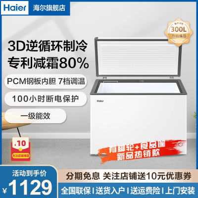 海尔(Haier)300升家用卧式冰柜冷柜小冰箱 专利减霜80% 1级能效省电小型冰箱冰柜冷藏两用无需频繁除霜