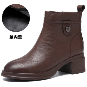 真皮粗跟短靴女冬季软底加绒妈妈皮鞋防滑中跟复古舒适女棉靴