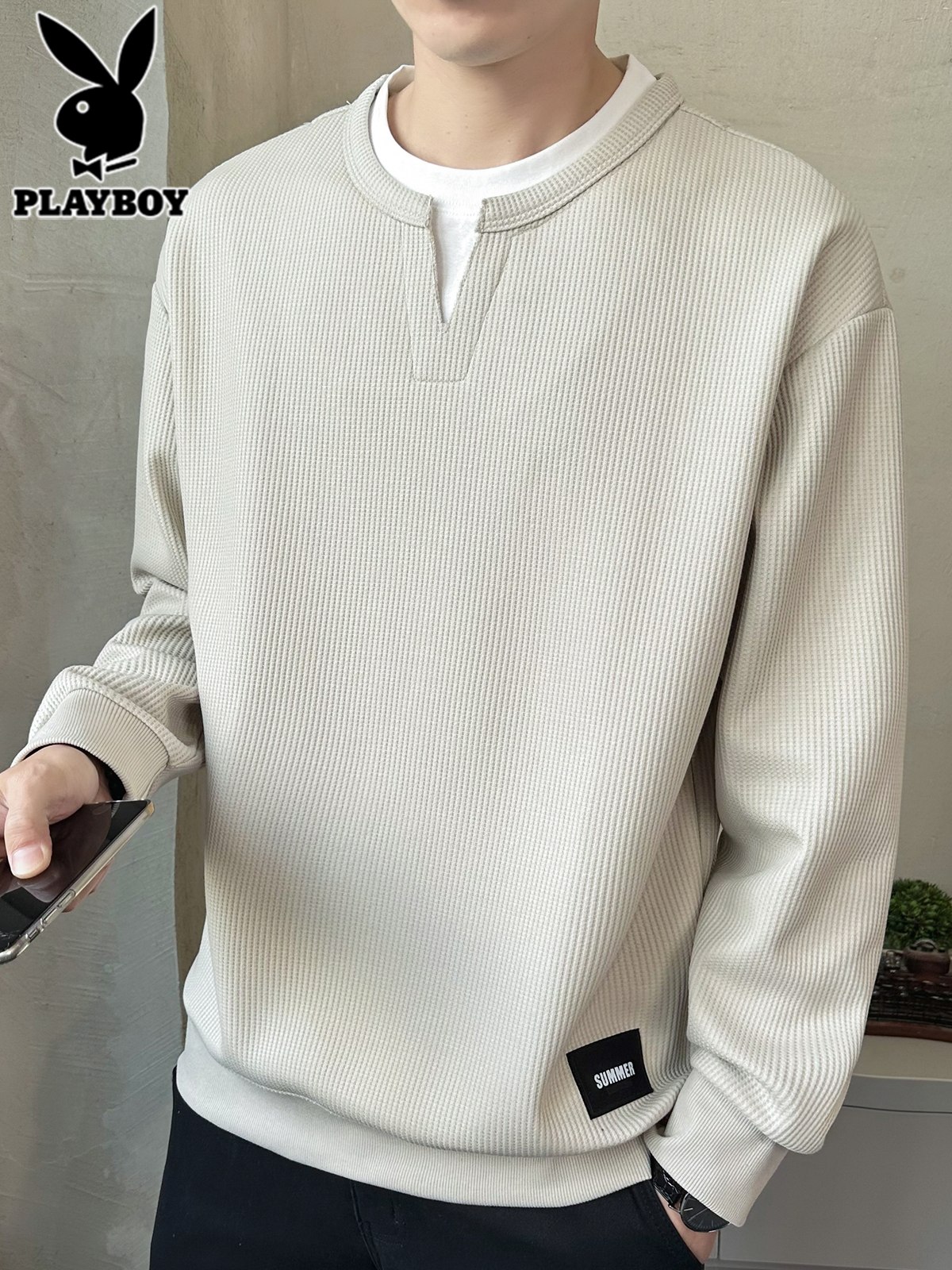 花花公子假两件卫衣男套头圆领打底衫2025年秋季宽松休闲长袖t恤