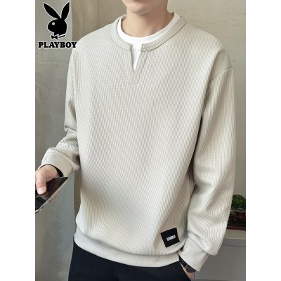 花花公子假两件卫衣男套头圆领打底衫2025年秋季宽松休闲长袖t恤