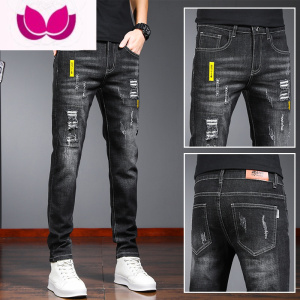 七斓秋季韩版潮牌破洞牛仔裤男黑色百搭修身小脚裤乞丐牛仔长裤子男