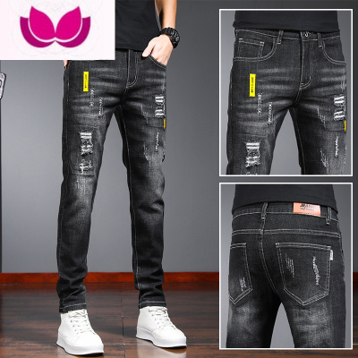 七斓秋季韩版潮牌破洞牛仔裤男黑色百搭修身小脚裤乞丐牛仔长裤子男