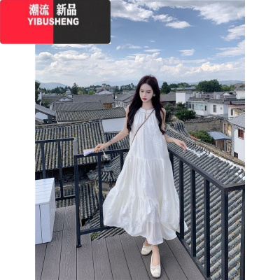 YIBUSHENG大摆度假风刺绣挂脖连衣裙女季2024新款宽松显瘦露肩海边长裙子