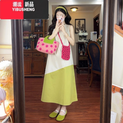 YIBUSHENG无袖撞色法式不规则圆领拼接连衣裙子女季2024新款宽松显瘦长裙