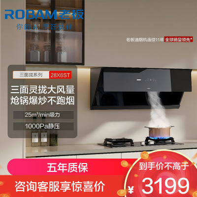 老板(ROBAM)油烟机 升级25m³大吸力 抽油烟机侧吸 吸油烟机 单烟机 脱排油烟机 28X6ST(28D7S同款)