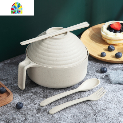 大号泡面碗带盖单个方便面碗筷套装小麦秸秆餐具学生宿舍饭盒 FENGHOU 粉泡面碗[赠筷叉勺+餐具盒]