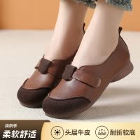 手工真皮女鞋魔术贴软底2025春秋季新款中老年妈妈鞋牛皮闰月单鞋