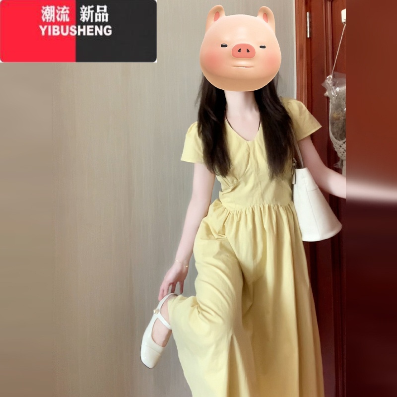 YIBUSHENG法式气质黄色v领短袖连衣裙子女季2024新款微胖mm遮肉显瘦长裙