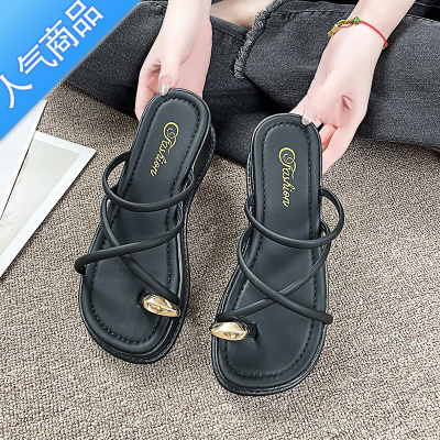 SUNTEK松糕拖鞋女夏季外穿2023新款黑色夹脚套趾细带凉鞋增高厚底凉拖鞋