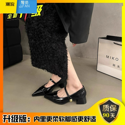 聚范尖头小皮鞋女2024新款夏季粗跟低跟高跟鞋复古法式玛丽珍单鞋