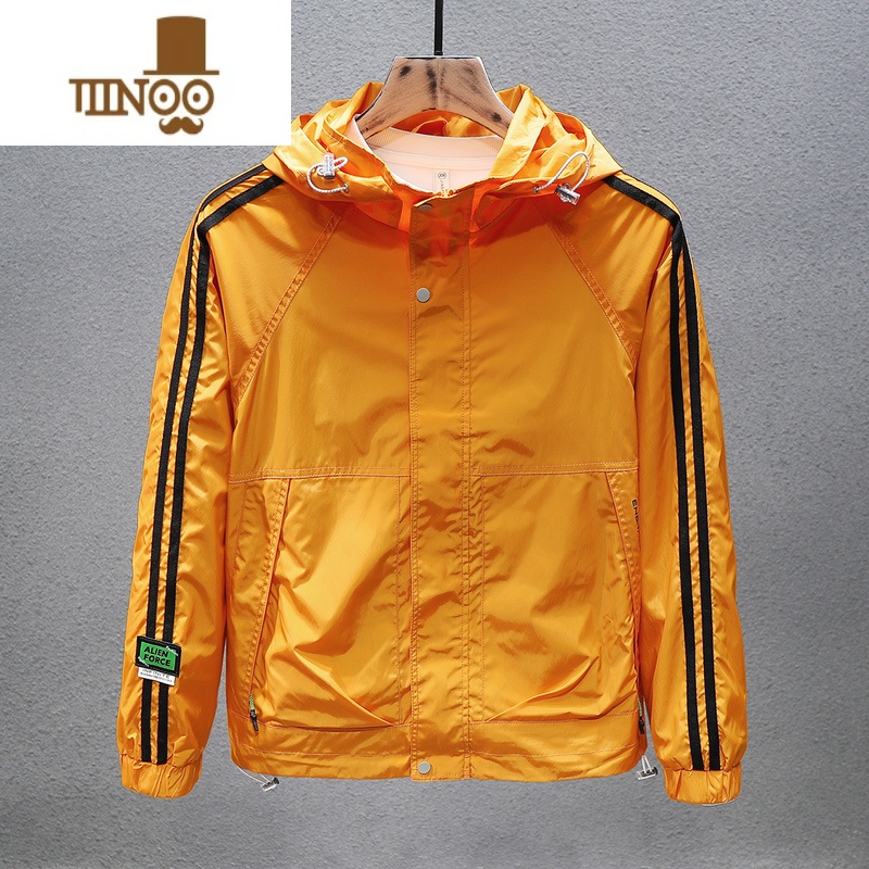 YANXU连帽外套男新款条纹外穿防风衣潮牌宽松休闲工装冲锋衣夹克男