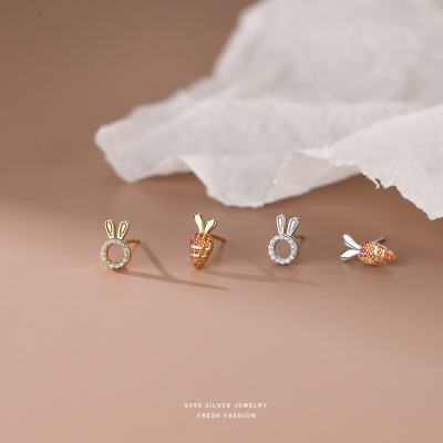 s999足银不对称镂空萝卜兔子耳钉女小清新可爱简约甜美耳饰品批发送女朋友老婆情人节七夕生日礼物