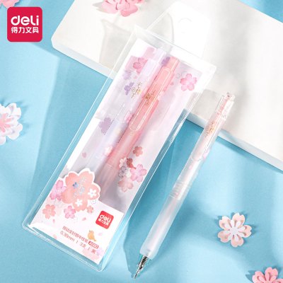 得力A579樱花普通按动中性笔0.5黑色学生用子弹头粉色系少女心水性笔0.38极细碳素水笔ins简约可爱创意签字笔