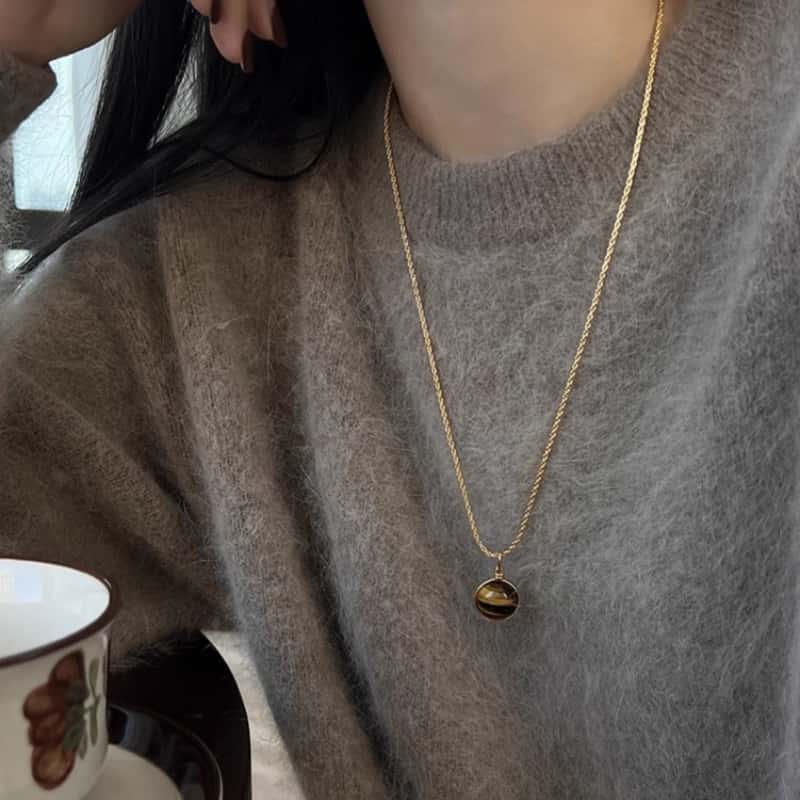 天然虎眼石咖色水晶串珠项链女秋冬时髦精致毛衣链锁骨链卫衣配饰送女朋友老婆情人节七夕生日礼物