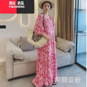 YIBUSHENG棉绸中袖女日收腰薄款碎花V领大摆人造棉度假沙滩长裙子