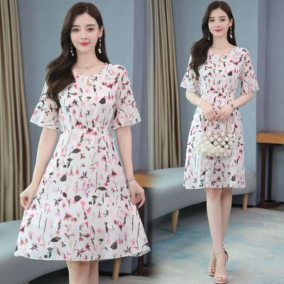 情娇婷(QINGJIAOTING)雪纺连衣裙2021夏季新款气质显瘦印花仙女a字中长款收腰碎花裙子