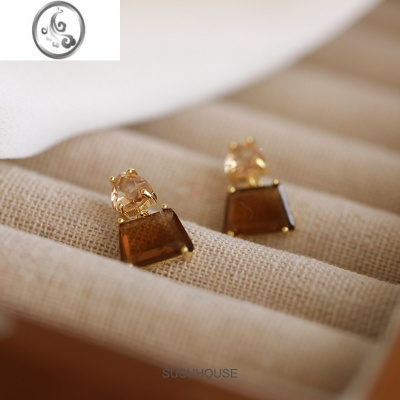 JiMi咖色锆石冰糖蚊香盘耳夹无耳洞女无痛耳饰通勤夹款耳钉夹春夏新款